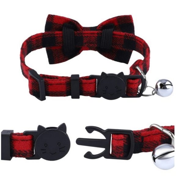 Red and Black Plaid Cat Break Away Collar With Detachable Bow - Picture 4 of 6